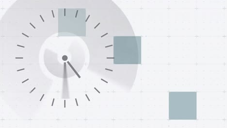 animation of clock moving fast with blue flickering squares on grid background