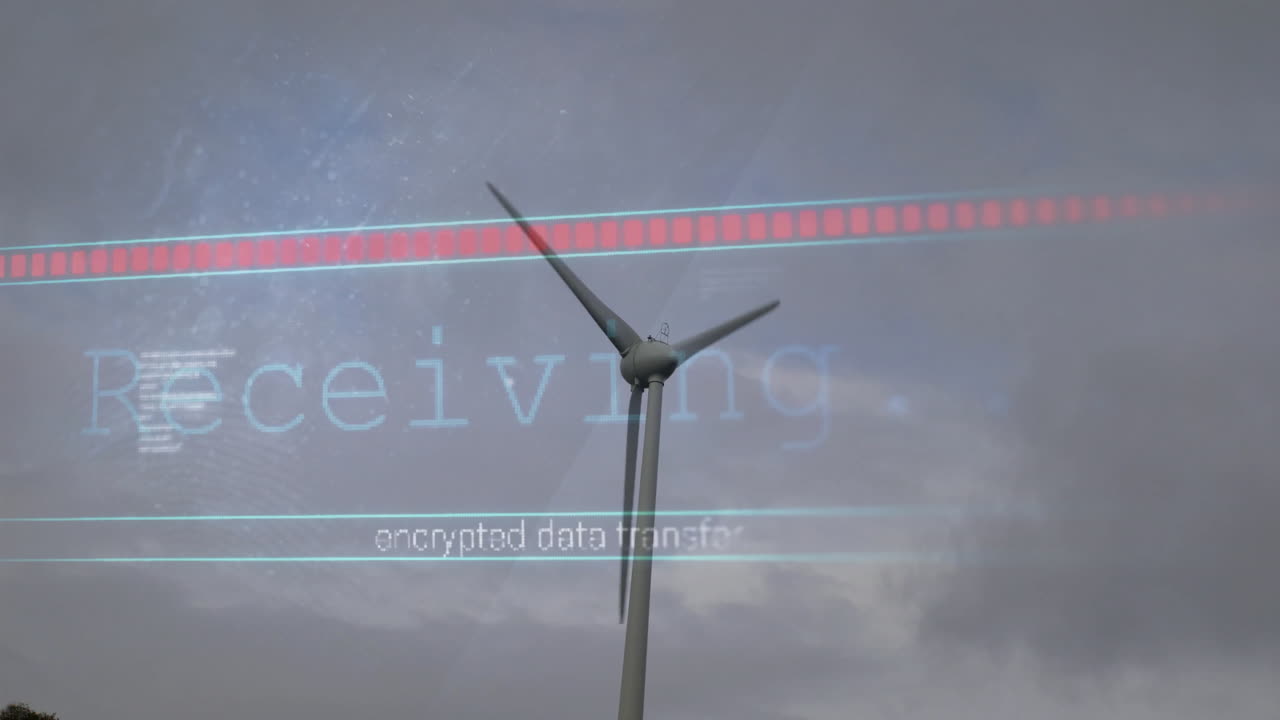 Wind turbine being visualized with encrypted data transfer overlay in 3D render animation scene