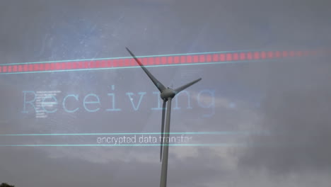 wind turbine being visualized with encrypted data transfer overlay in 3d render animation scene