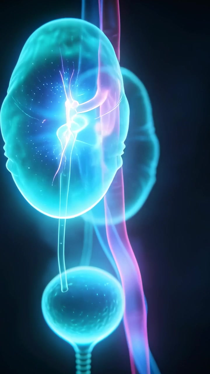 Vertical video: Pulsing vessels guiding zoom in dark void showing kidneys ureters bladder for study