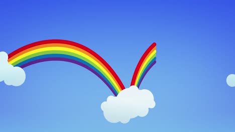 Animation-of-rainbows-and-white-clouds-on-blue-background