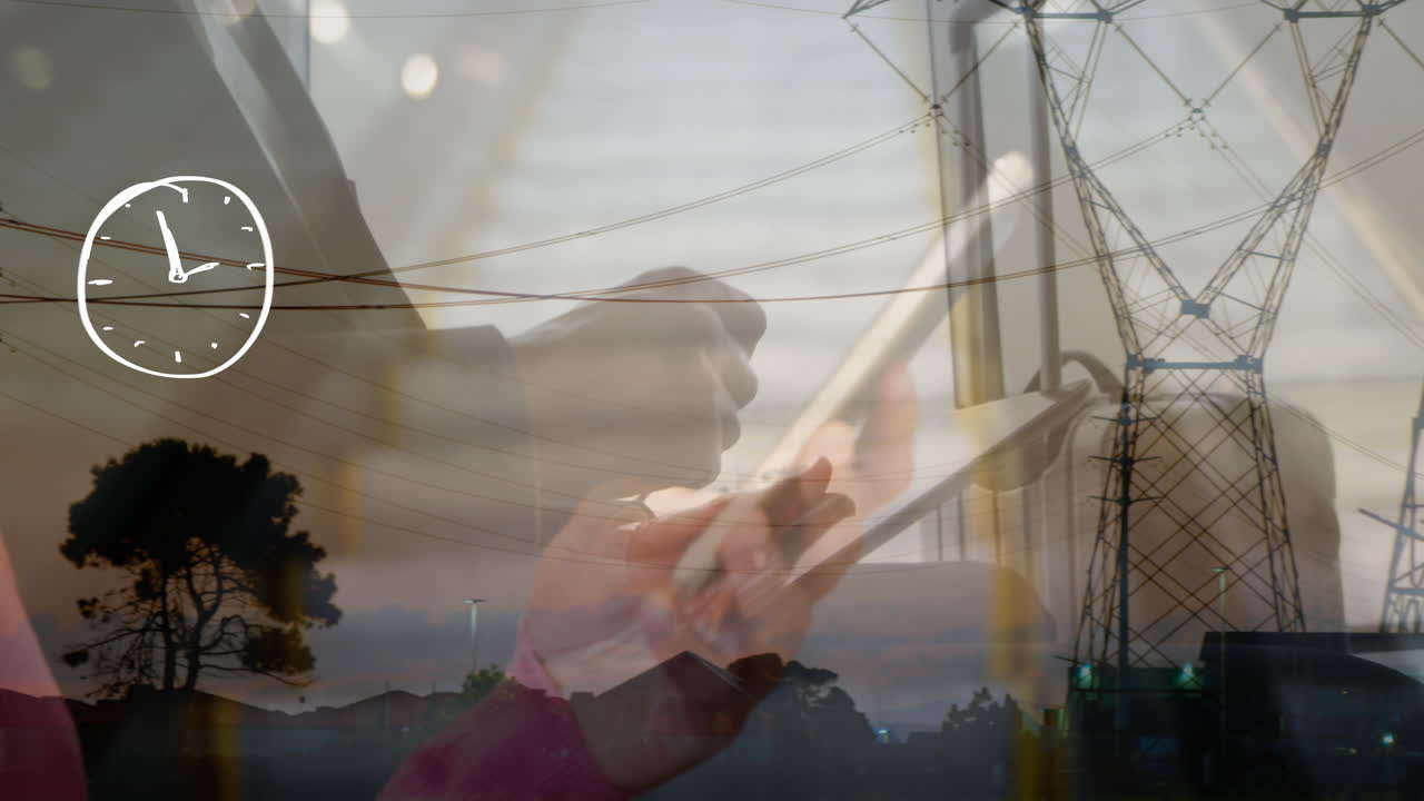 animación de reloj sobre hombre de negocios usando tableta y pilares de electricidad.