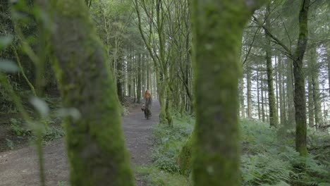 girl walking along shady forest path with view between mossy branches at half speed slow motion