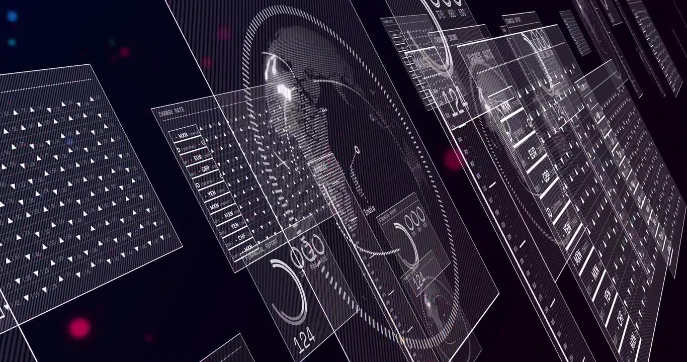 Camera panning, layered panels and dotted globe sliding, updating currency data for market view