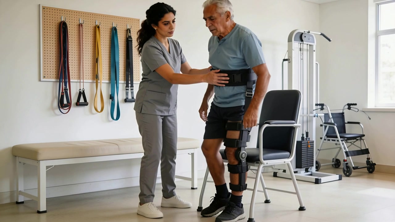 Fysioterapeut i grå arbeidsklær plasserer hender på gangbelte, veileder pasient med kneortose under stående rehabilitering