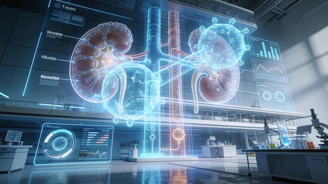 Starting scan holographic kidneys forming and retracting markers with UI panels in medical lab