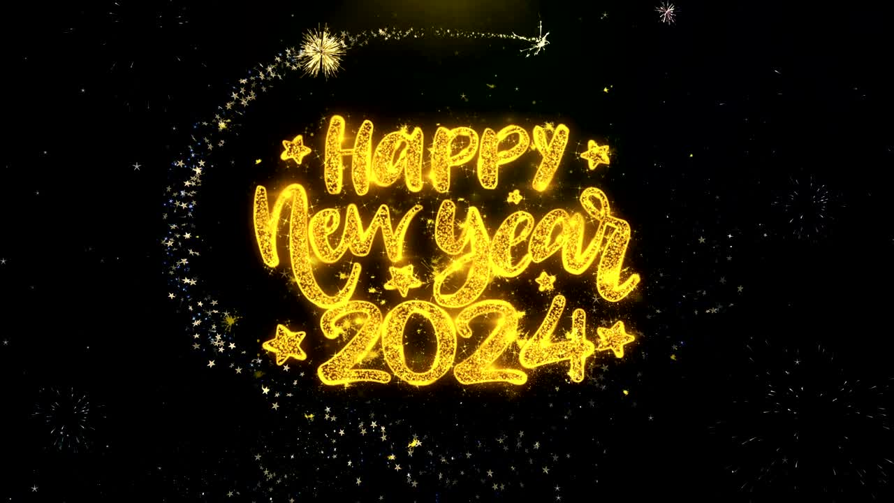 feliz año nuevo 2024 deseo de texto en partículas de oro exhibición de fuegos artificiales.