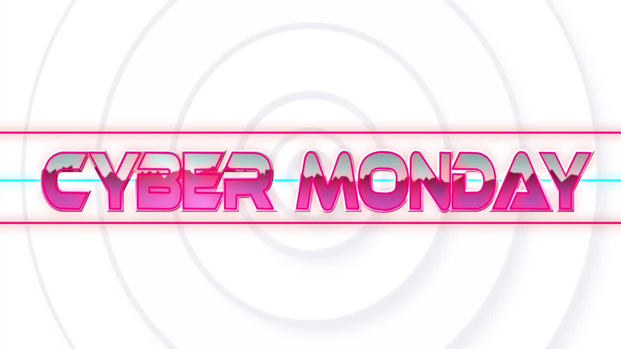 Cyber Monday text in bright pink animation over white circular patterns
