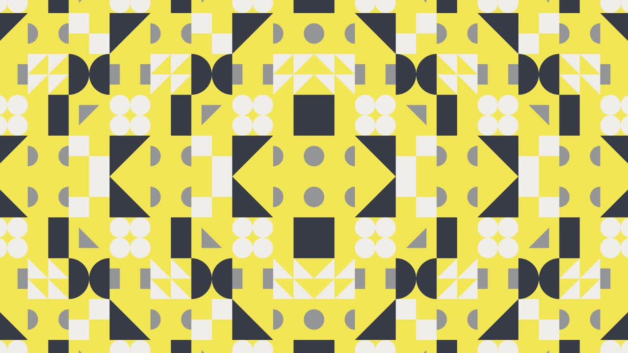 Symmetrical pattern in trendy yellow and grey colors. A seamless loop motion graphic mosaic of geometric moving tiles