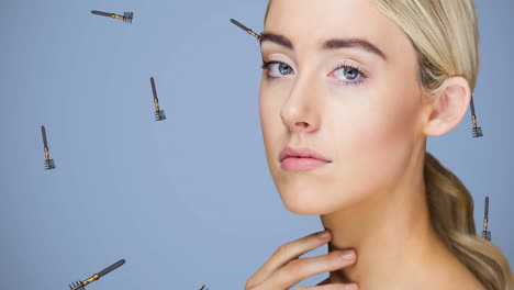 animation of make up brush repeated with woman on blue background