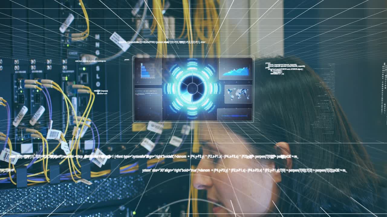 Animation of processing circle over integrated circuit and computer wires