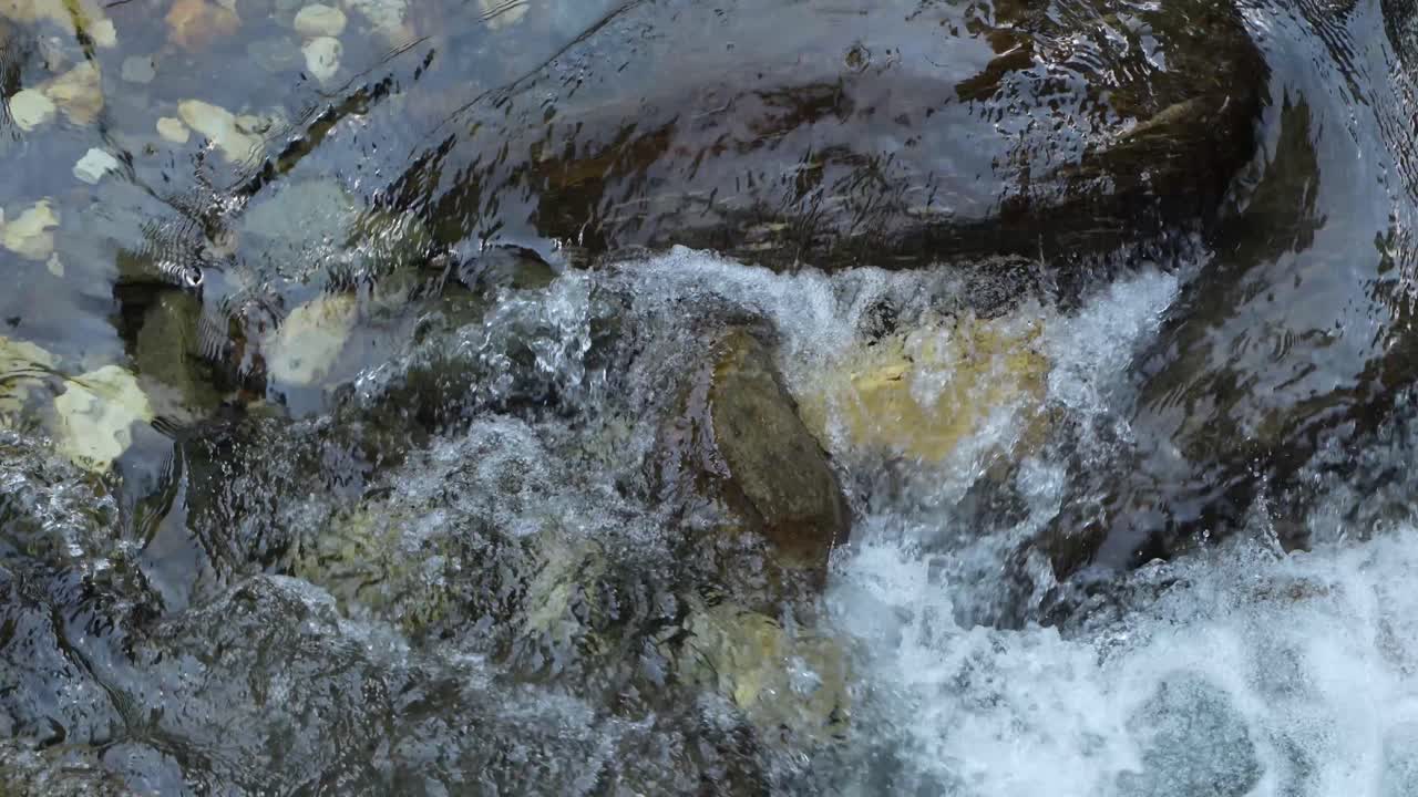 Water is flowing through a mountain torrential river.