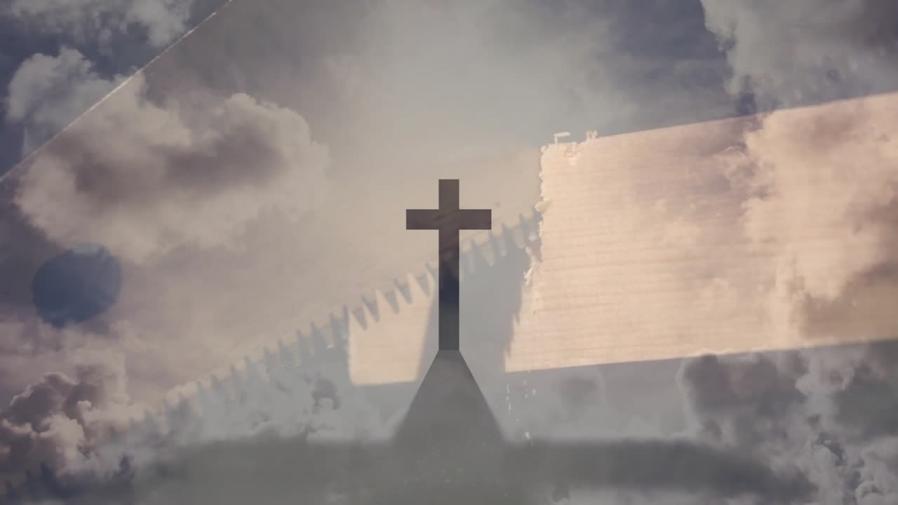 Silhouette of cross with abstract geometric shapes overlay against cloudy sky