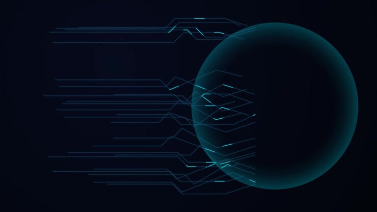 Linee di rete digitali astratte che si connettono a una sfera luminosa
