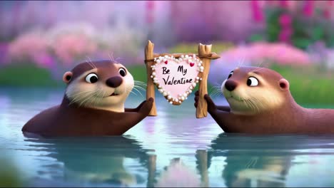 two otters with a valentine's day heart