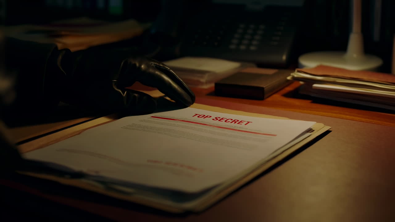 Mano guantata che apre un documento top secret sulla scrivania