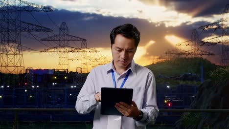 trabajador profesional masculino asiático de pie con su tableta cerca de la torre de alto voltaje, instalación industrial, trabaja continuamente con su tablet