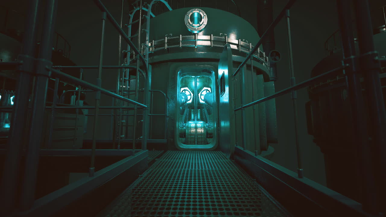 Industrial control room with glowing lights and metal structures at night