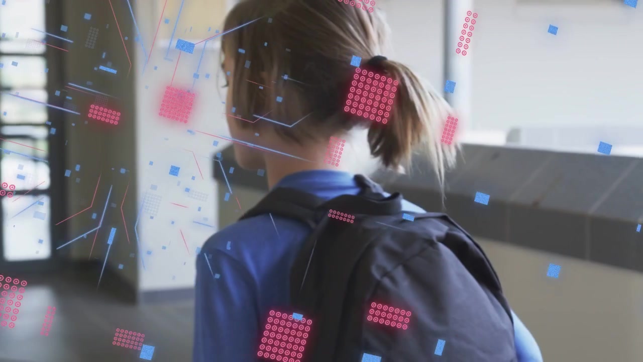 Boy walking school hall, adjusting straps, heading to glass door, blue pink graphics overlaying