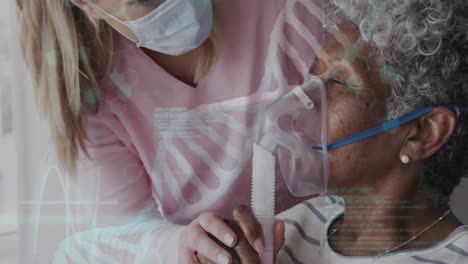 Animation-of-data-processing-over-african-american-senior-female-patient-with-oxygen-mask