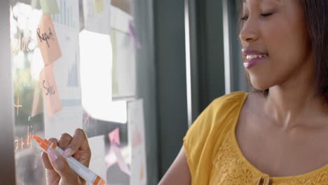 mujer de negocios afroamericana escribiendo en una ventana de vidrio con notas de nota en la oficina