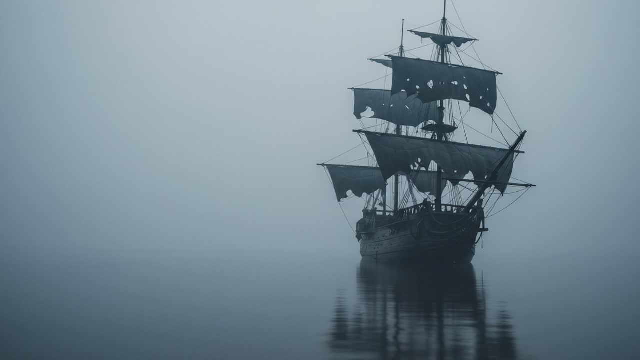 A Mysterious Ghost Ship Emerges from the Fog, Its Dilapidated Sailboats Symbolizing Adventure, History, and the Unknown in an Enigmatic Maritime Landscape