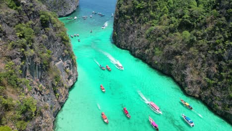 Aerial-View-of-Pileh-Lagoon-in-Phi-Phi-Island-and-Boat-Tourism,-Aerial