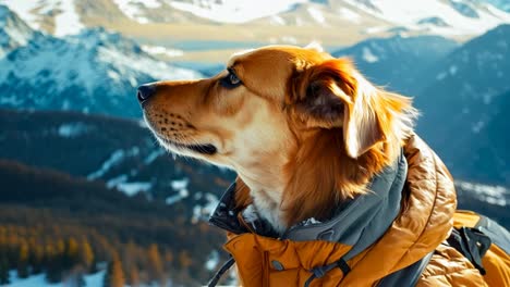 a dog wearing a yellow jacket looking out over a snowy mountain range