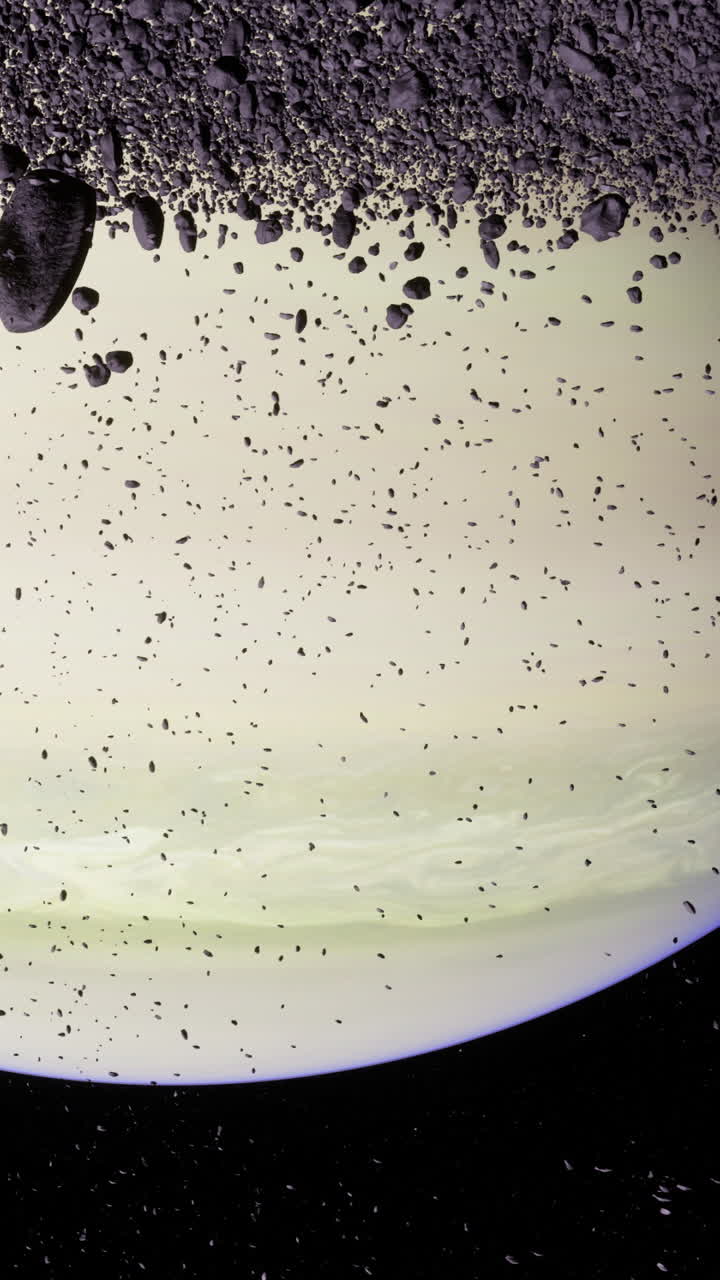Floating rocks and dust dance around a distant planet in the cosmos