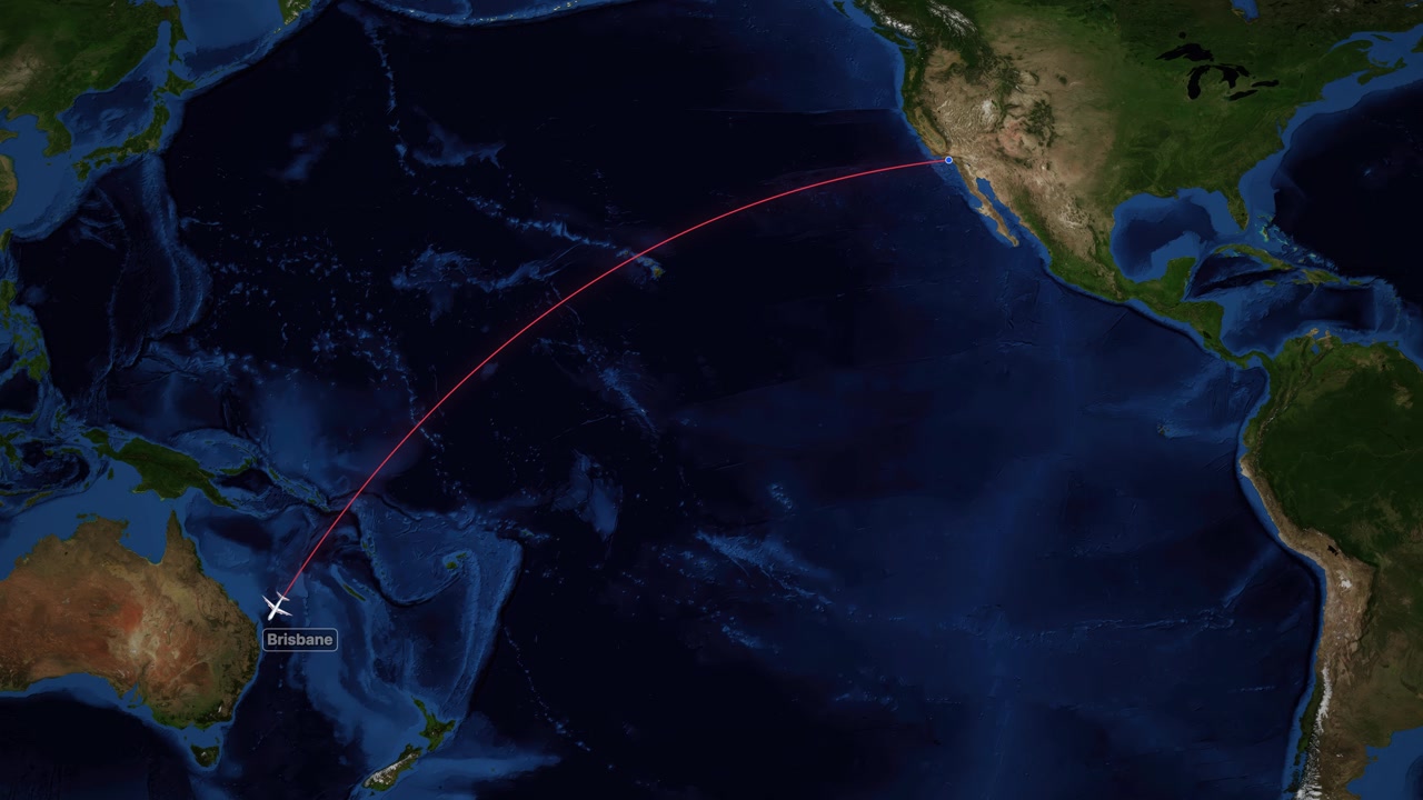 Satellite world map animation shows a red flight path connecting Los Angeles and Brisbane