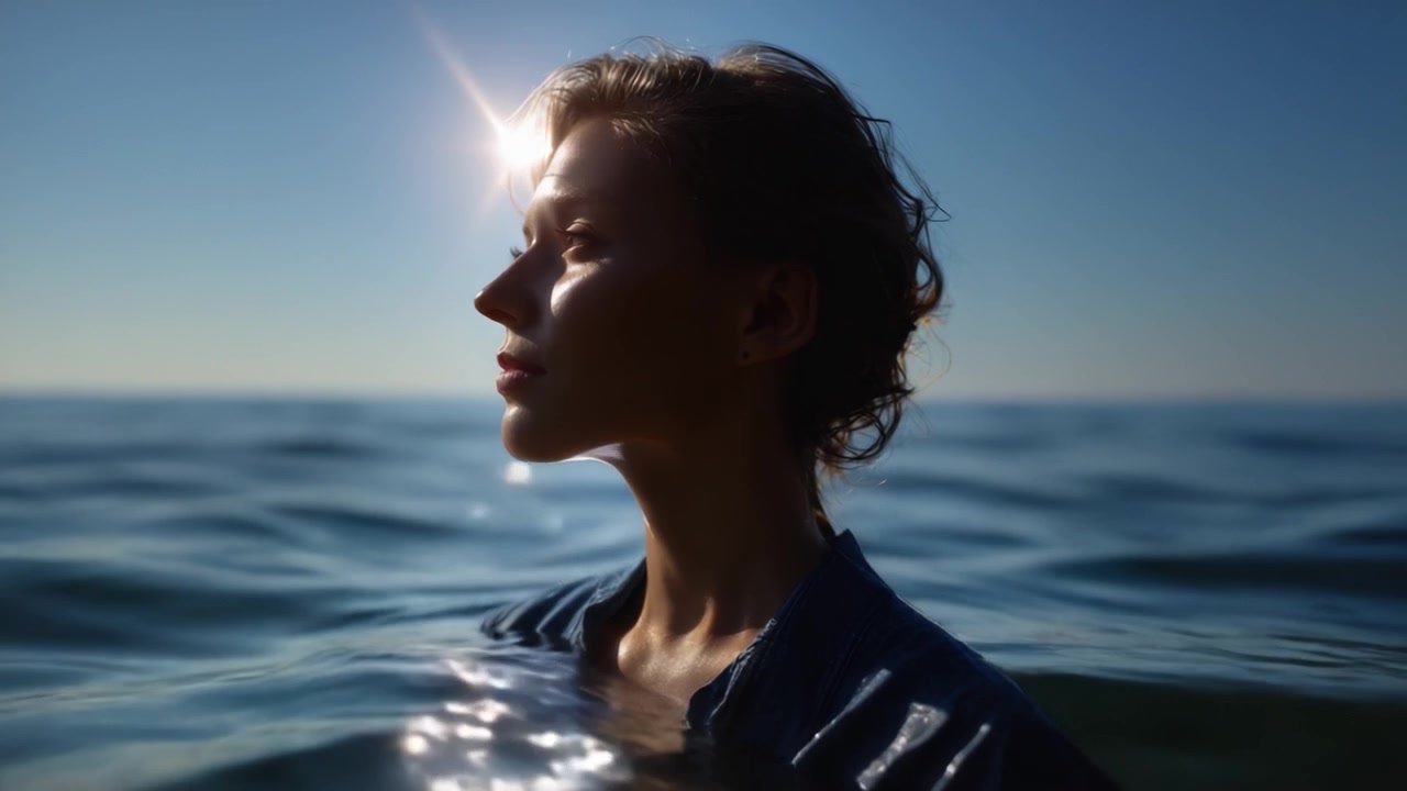 A serene portrait of a woman immersed in calm water, illuminated by a bright sun glimmering off the surface, creating a dreamlike and ethereal atmosphere.
