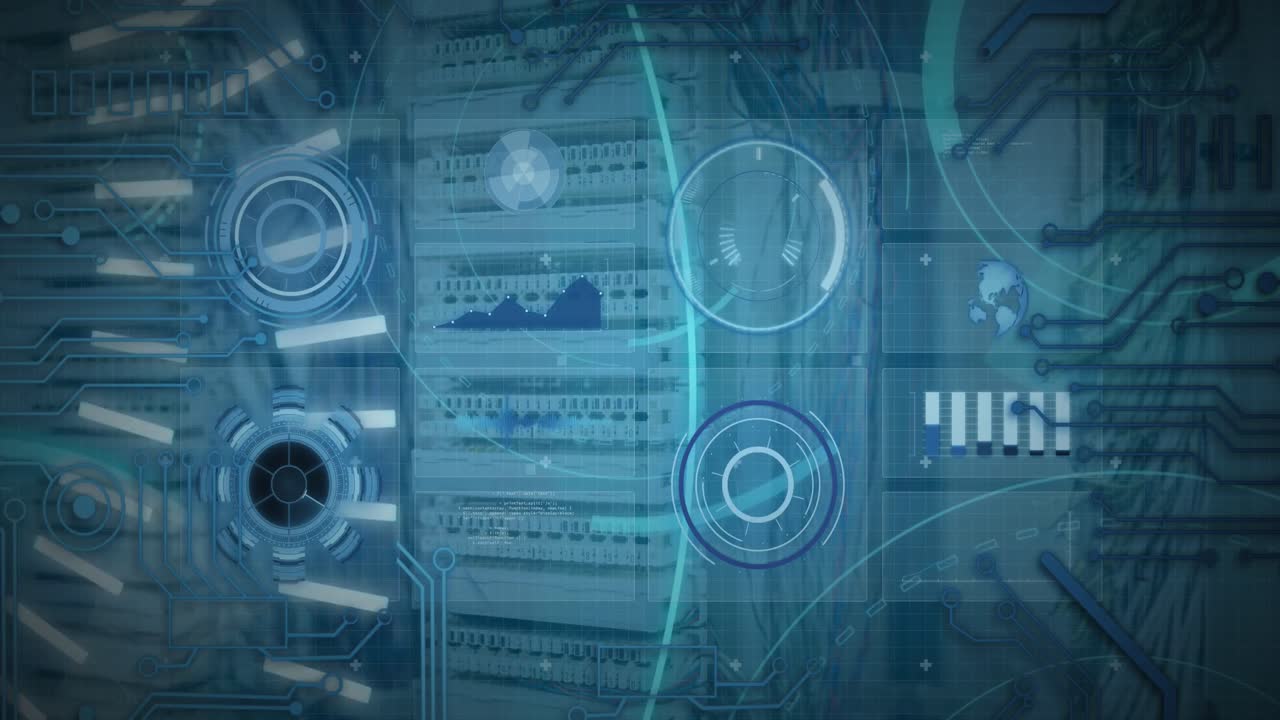 animación de banner de texto 5g, escáneres redondos y procesamiento de datos contra la sala de servidores de computadoras