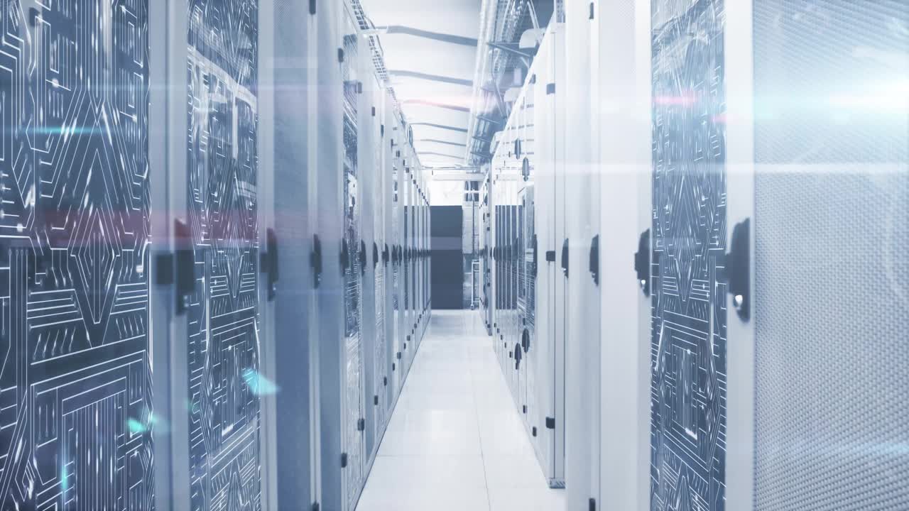 Animation of padlock and cloud icon with digital data processing over computer servers