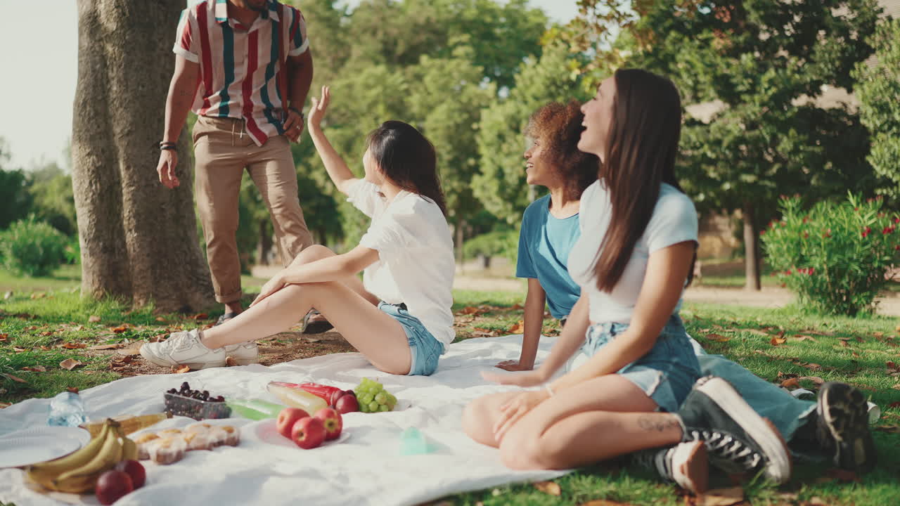 친구 들 이 공원 에서 피크닉 을 하고 있다