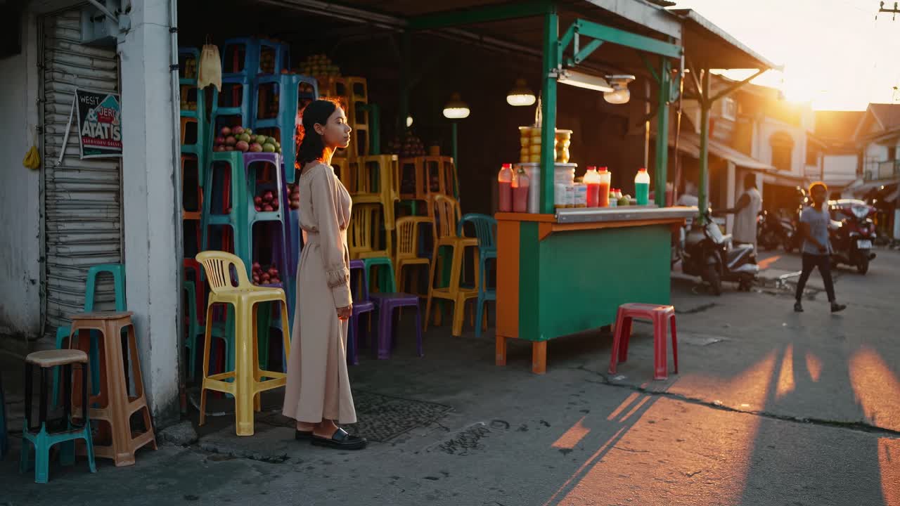 Young woman is standing near a vibrant juice stand filled with colorful plastic crates of fruit, bathed in the warm glow of the setting sun in a bustling tropical city