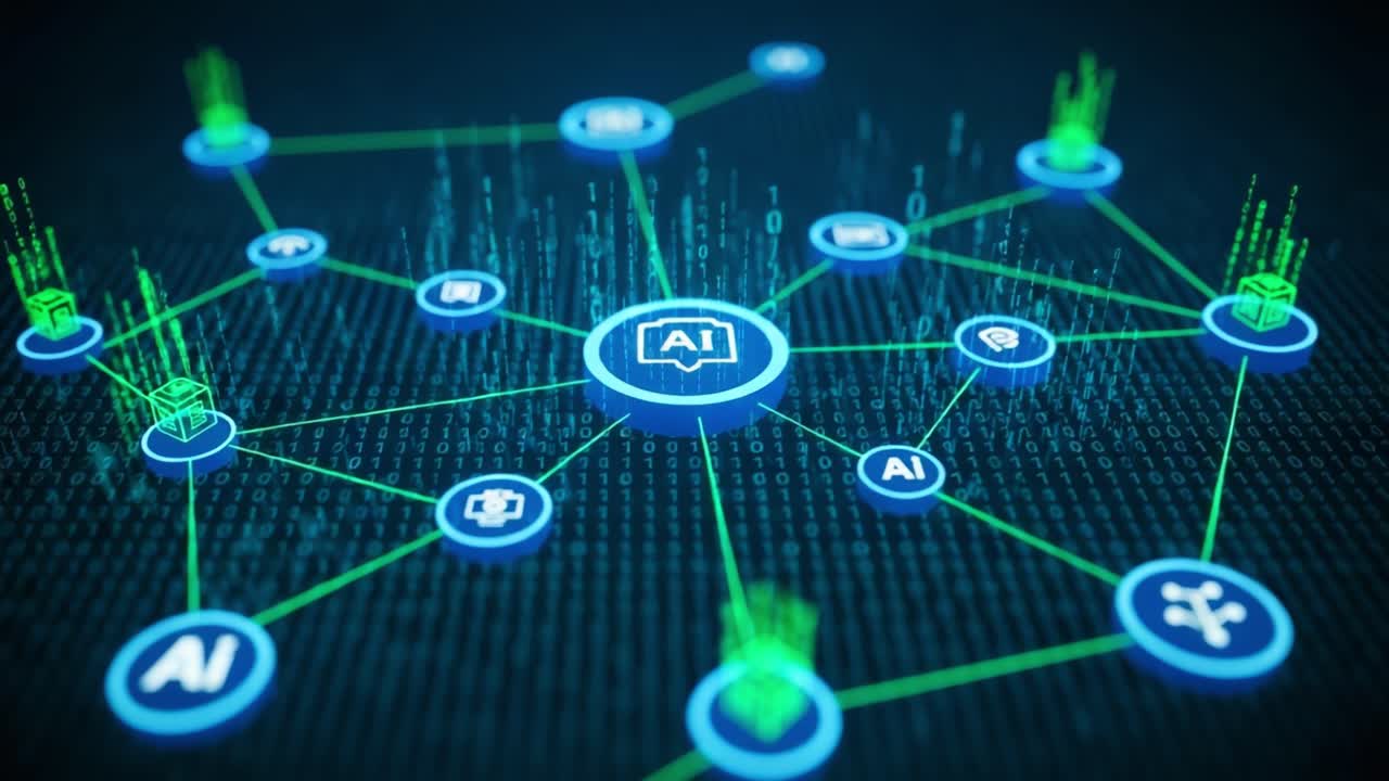 A Stunning Visualization of Artificial Intelligence Connections Showcasing Interactive AI Icons Over a Digital Binary Background Representing Technology and Innovation