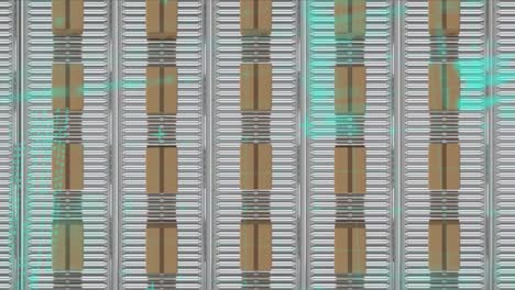 animation of data processing over cardboard boxes on conveyor belts