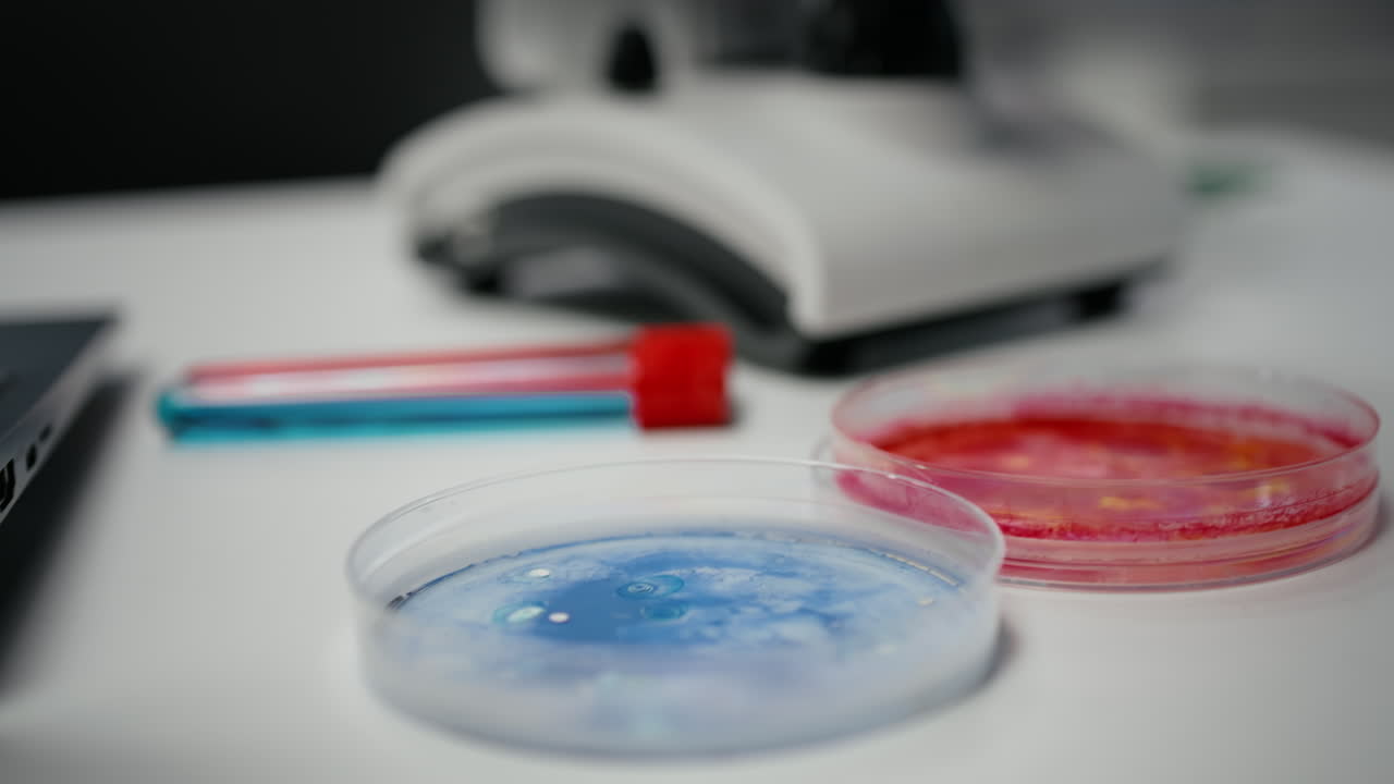 Close up of petri dishes in laboratory containing antibiotic discs