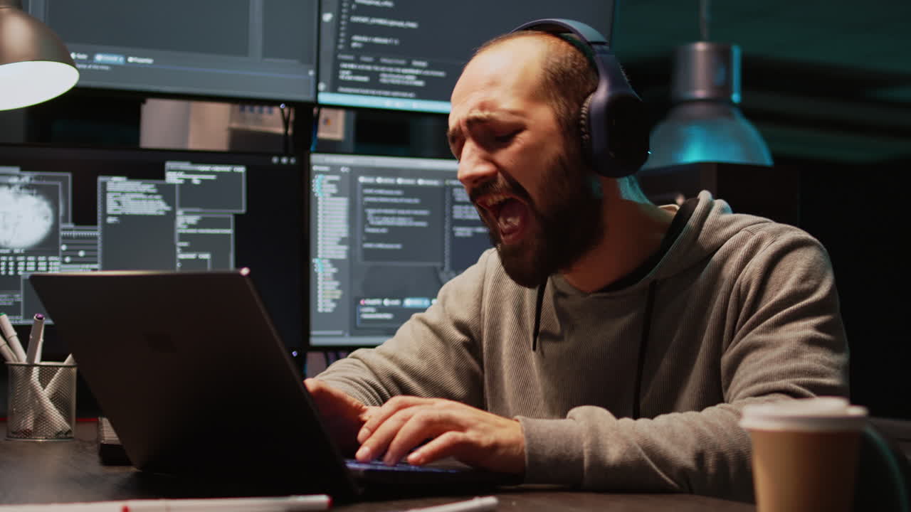 Programmer coding on laptop with multiple screens