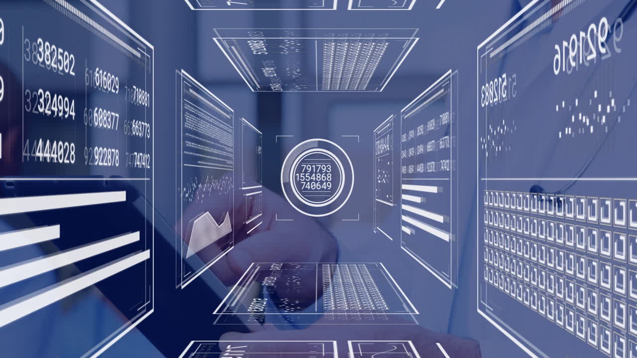 Animation of futuristic digital interface with data and graphs in school setting