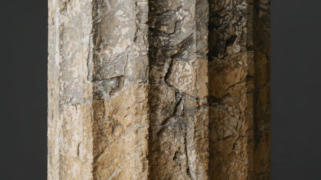 Shifting camera revealing fluted stone column in gallery, showing mineral patina and fine cracks
