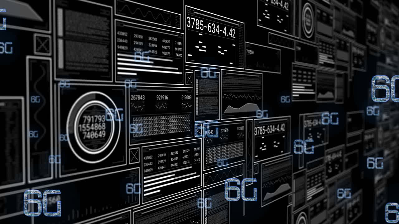 animación de texto de 6g y procesamiento de datos en fondo negro