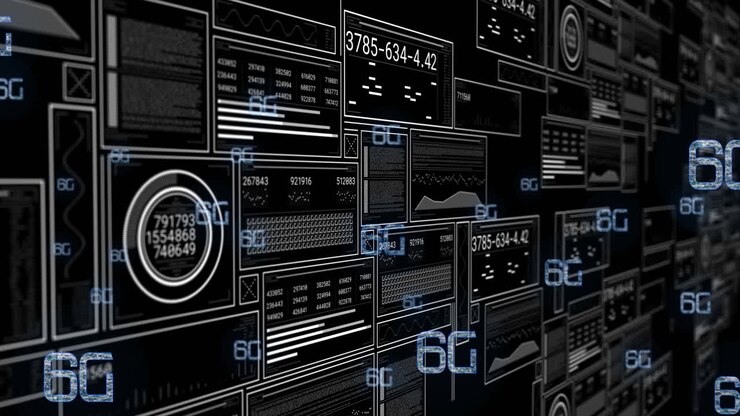 Animation of 6g text and data processing on black background