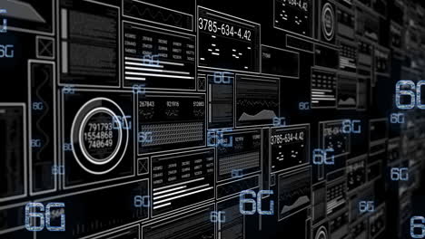 animación de texto de 6g y procesamiento de datos en fondo negro