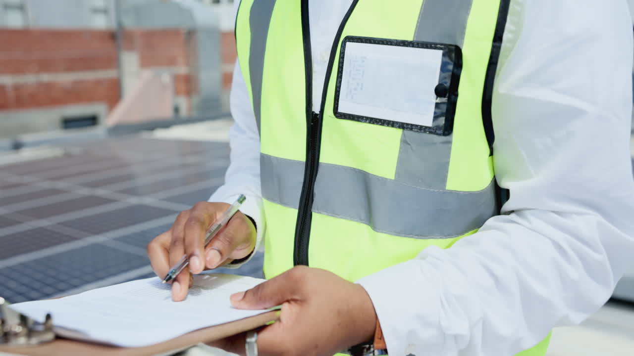 hombre negro, ingeniero y manos escribiendo en el clipboard