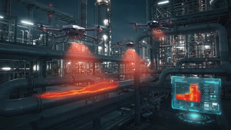 advanced industrial surveillance: a fleet of drones monitors high-tech pipelines with real-time data visualization in a futuristic processing facility