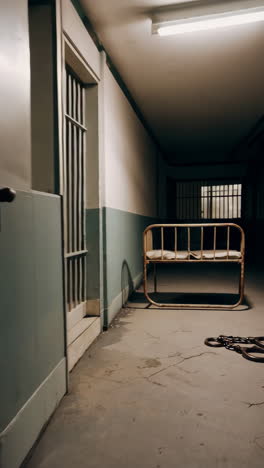 abandoned prison corridor with bed and handcuffs