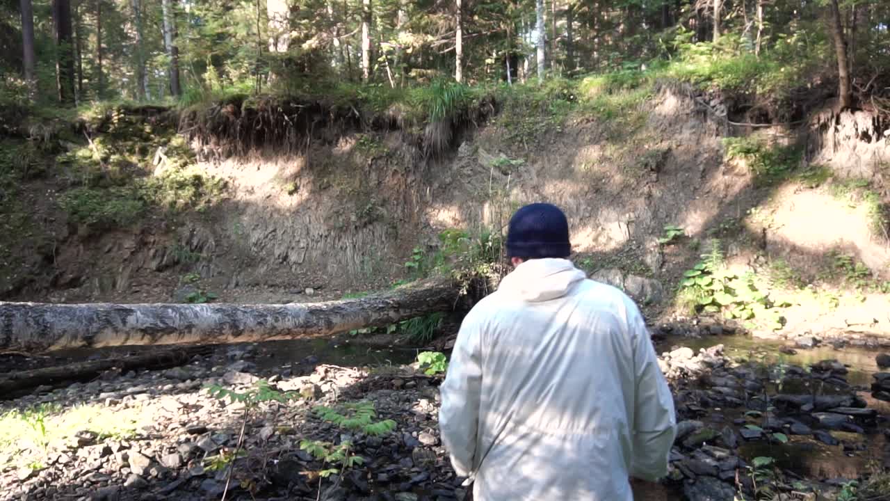 숲 속 의 하천 에서 산책 하는 사람