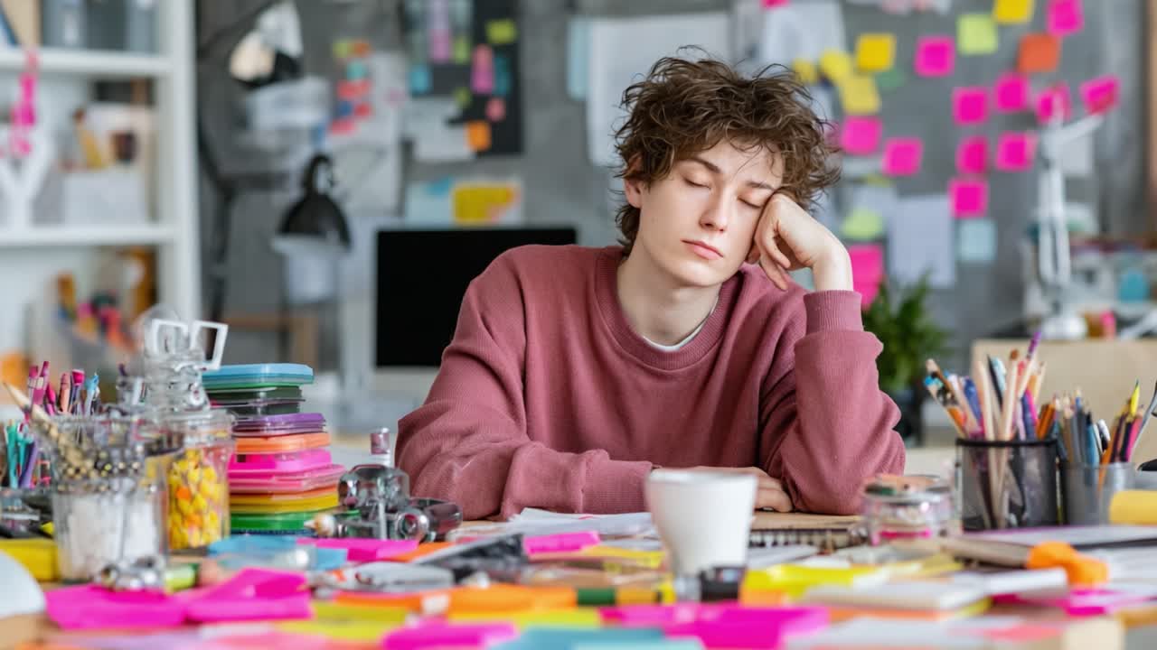 A Young Person Stares Thoughtfully Amidst a Chaotic Workspace Filled with Colorful Sticky Notes and Creative Supplies, Emphasizing Introspection and Creative Block