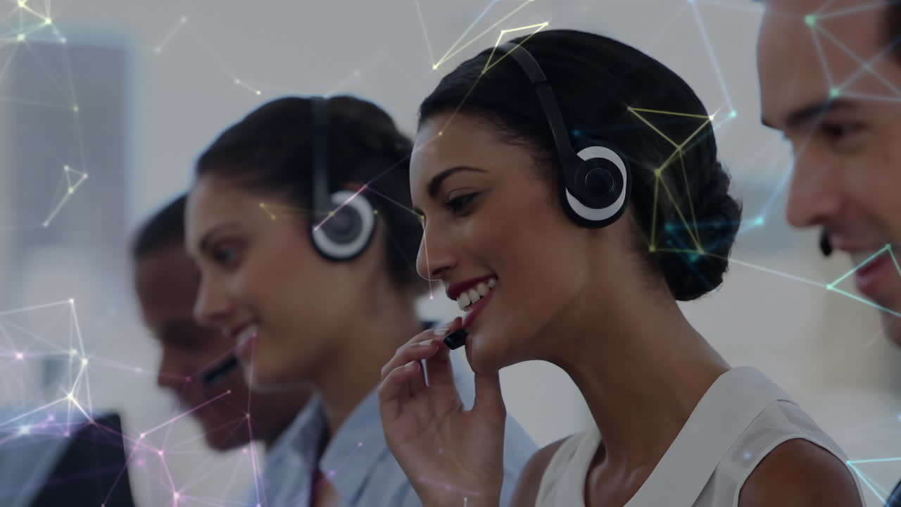 Animation of networks of connections over business people using phone headsets